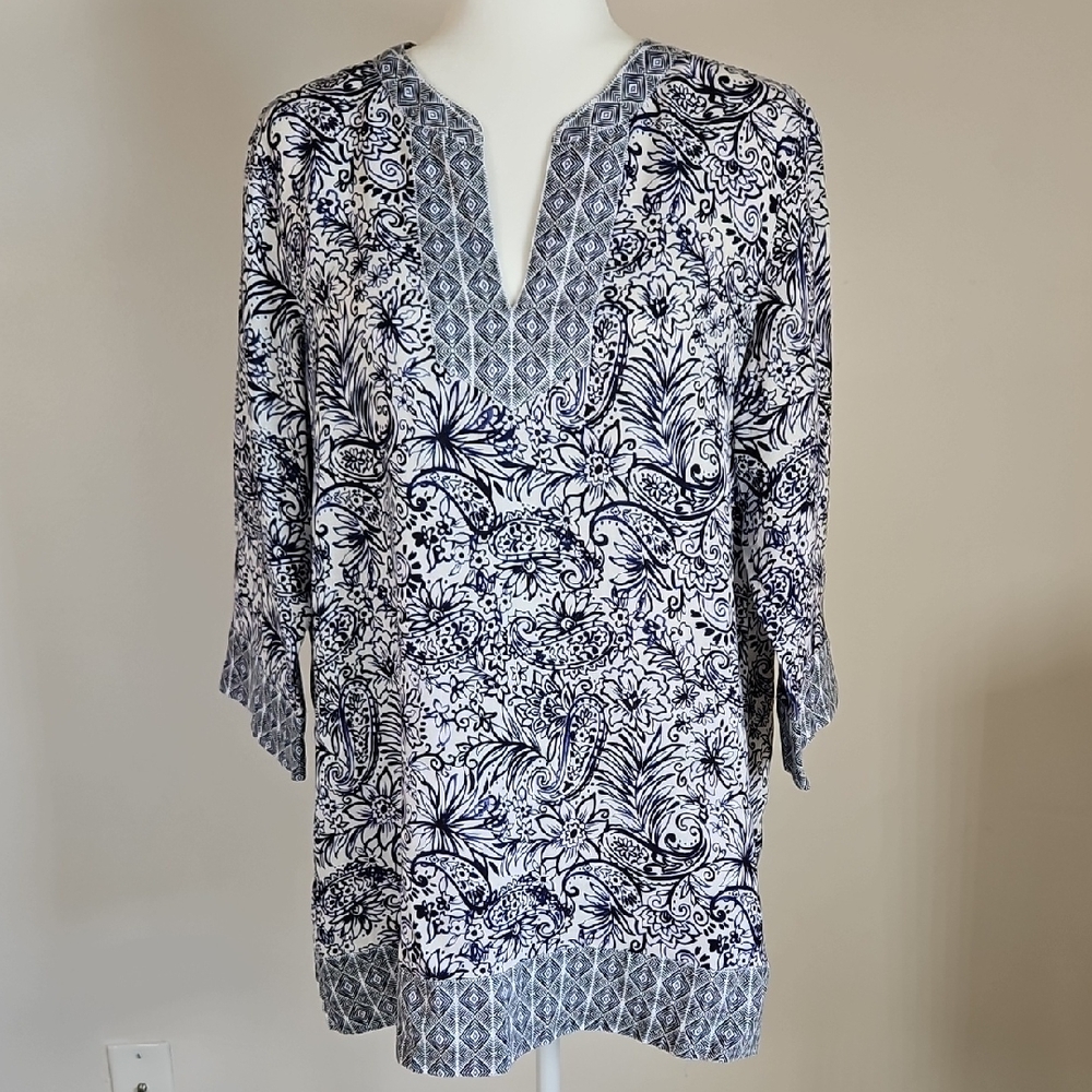 Sigrid Olsen LG Linen Tunic Top Blue  Paisley Elbow Sleeve Boho Artsy